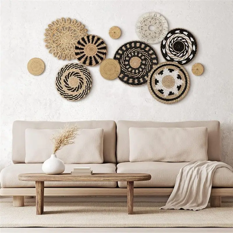 B84B Boho Wall Basket Decor 11Pcs, Natural Woven Rattan Baskets for Wall Hanging, Farmhouse Decorative Set for Living Room