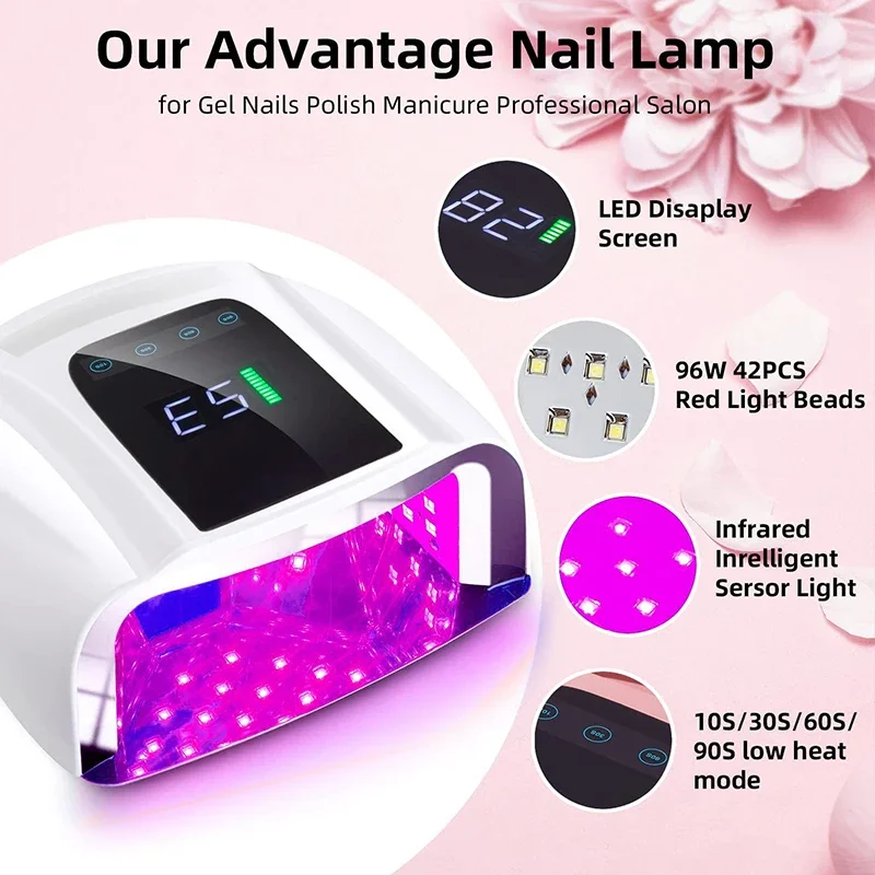 96W Rechargeable Nail Lamp with Handle Cordless Gel Lacquer Dryer Red Light Manicure Machine Wireless Nail UV LED Lamp