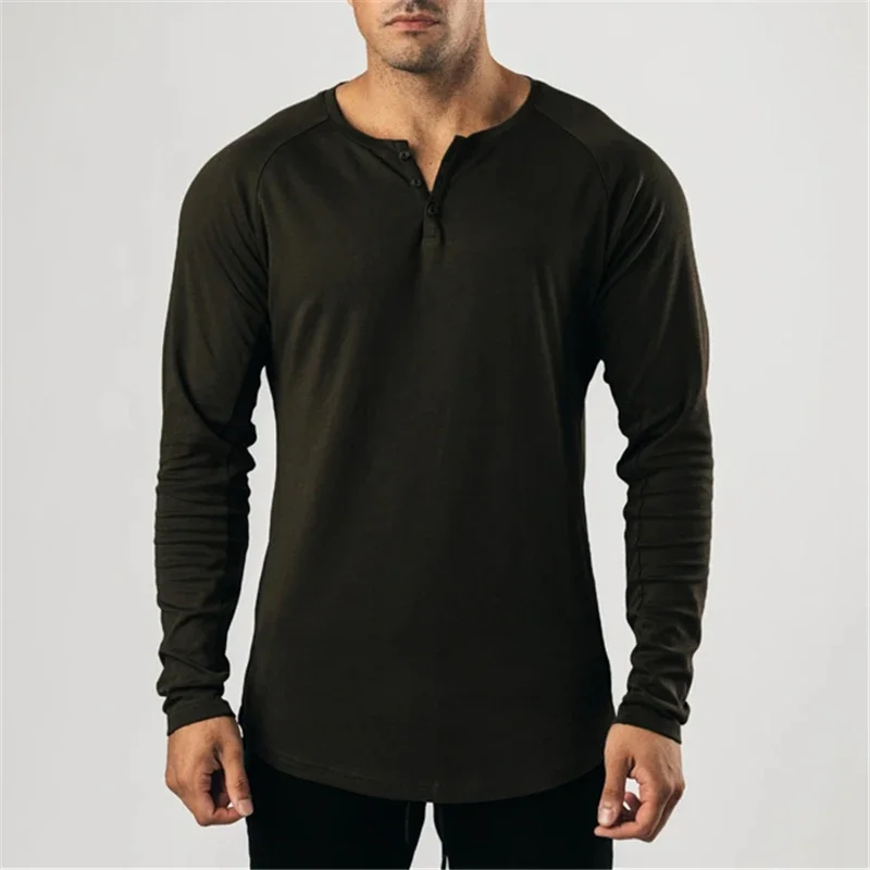Plain Mens Bodybuilding Sport Slim Fit Clothing Gym Fitness Muscle Training V-neck Shirts Cotton Breathable Long Sleeve T-shirts