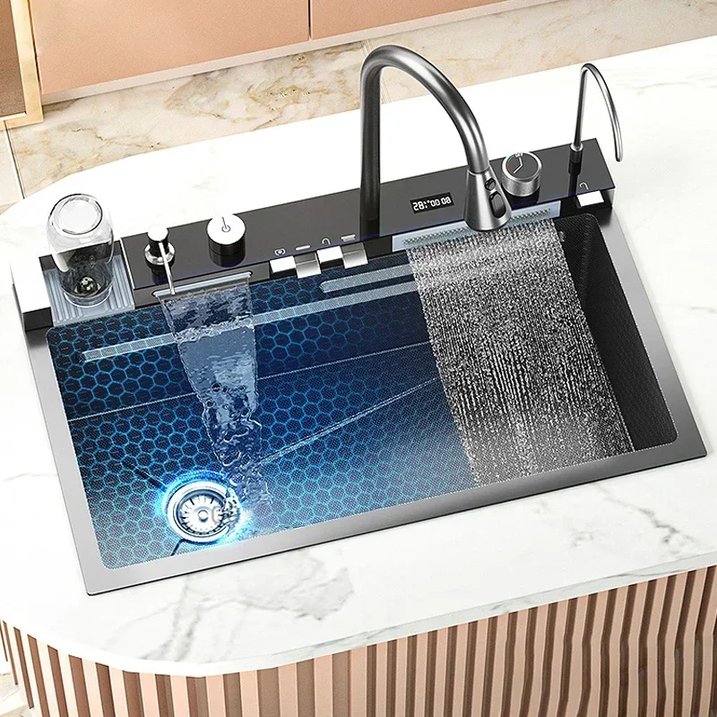 

Stainless Steel Waterfall Kitchen Sink Large Single Slot Integrated Digital Display Faucet Set Multi-functional Wash Basin