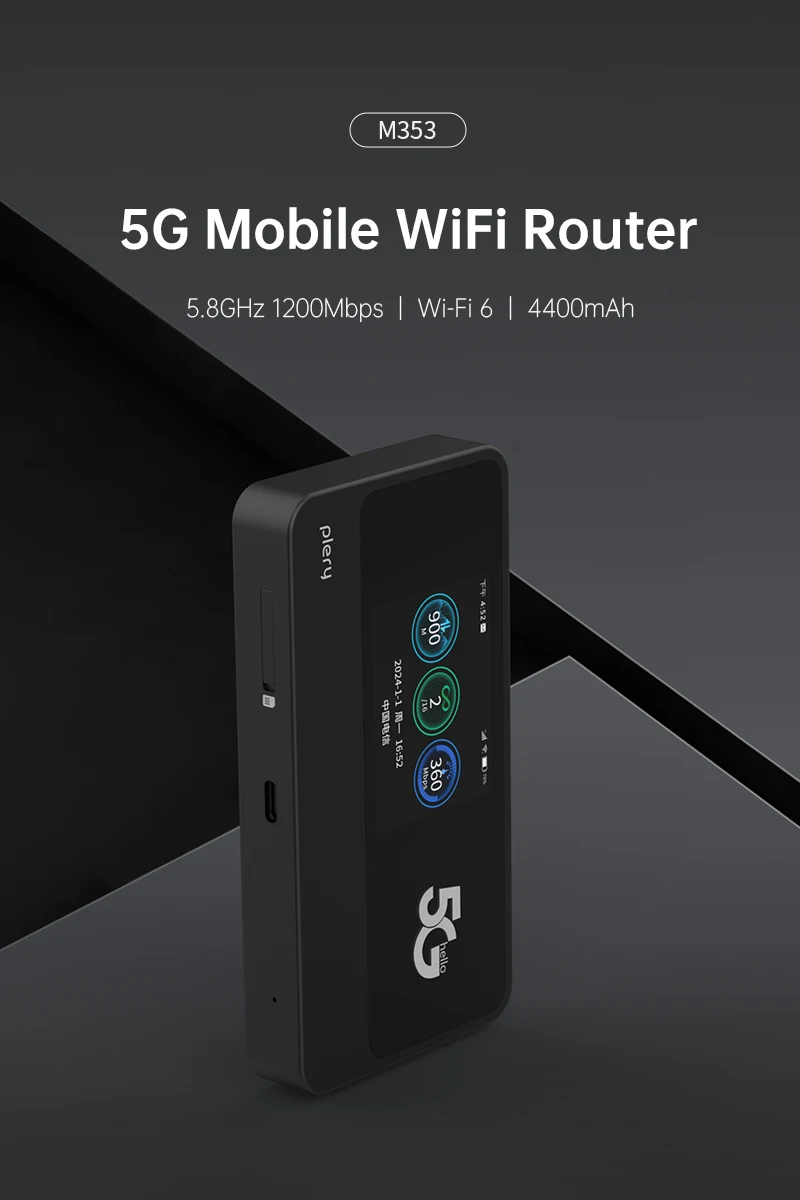 PLERY M353 5G SA/NSA Mobile WiFi Hotspot WiFi6 Dimensity900 4400mAh Portable 5G Router Support 16 Users For Travel RV Home