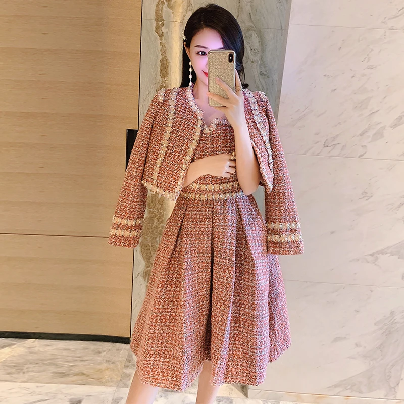 

Woman's Spring and Summer Bright Silk Tweed Stitching Ribbon Dress Set Retro Elegant Woolen Blazer Coat Vest Dress Two-piece Set