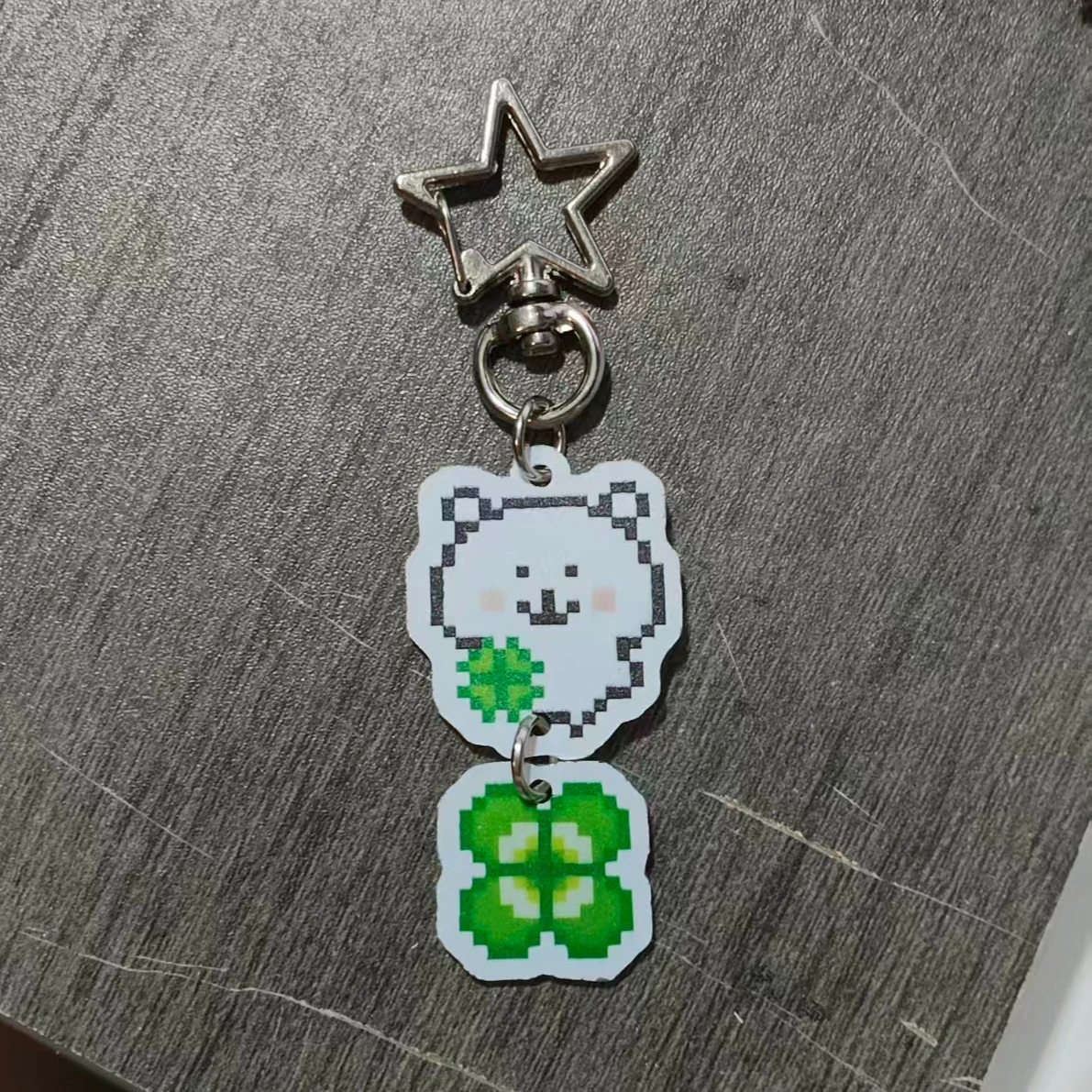 Kawaii Pixel Joke Bear Connected Keyring White Cartoon Bear Lucky Clover Acrylic Chain Pendant Sweet Trendy Small Bag Accessory view 2