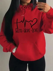 Mulheres Faith Hope Love Hoodies, Hoodies, Versátil, Elemento Letter Printing, Marca, Tendência da Moda, Outono, Inverno