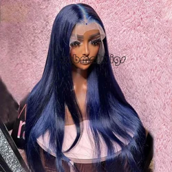 Dark Blue Straight Transparent Lace Frontal Wig Long Lace Front Wig Synthetic Hair Pre Plucked Wigs for Black Women