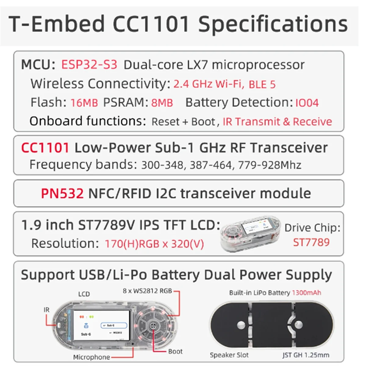 N16R T-Embed ESP32-S3 CC1101 Transceptor RF Sub-1 GHz de baixa potência PN532 NFC RFID I2C Módulo Placa LCD Bateria embutida 1300mAh