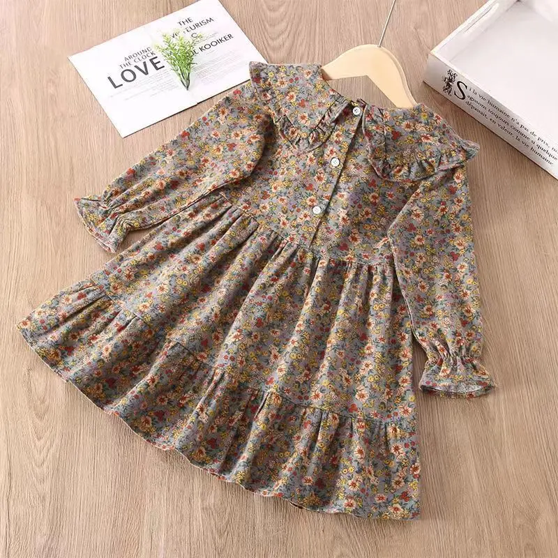 Laura Kors Winter New Arrivals Girls Dresses Long Sleeve Peter Pan Collar Ruffles Floral Cute Sweet Baby Dress Vestidos 18M-7T