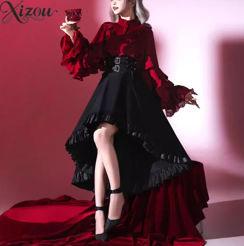 

Ouji Lolita Set Gothic Prince Knight Elegant Ruffle Long Sleeve Shirt Irregular Skirt Pant Vintage Dark Academia Y2K Punk Outfit