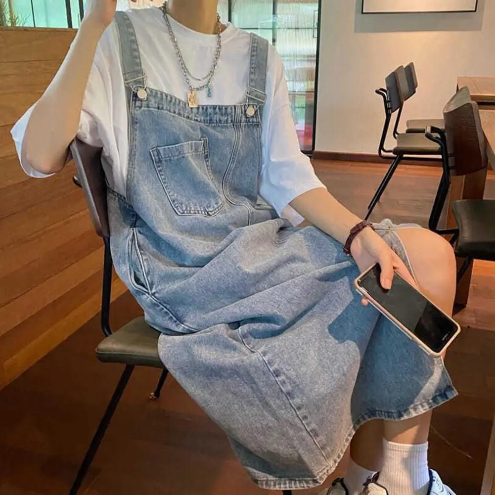 Hidden Side Seam Pockets Dress Versatile Denim Midi Dress with Suspender Design Collarless Backless Style for Students for A