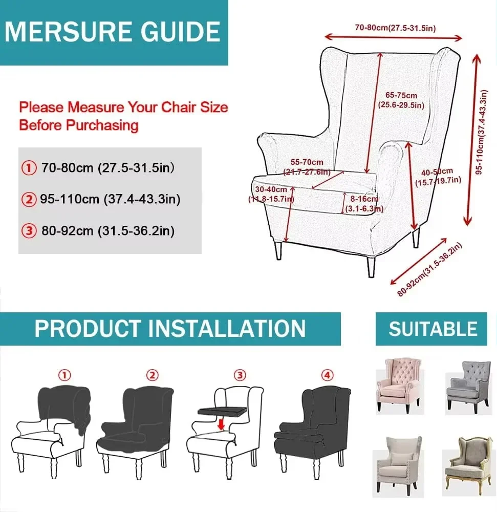 Water-repellent Wingback Chair Cover 2-Piece High Stretch Wing Chair Slipcovers Wingback Armchair Covers with Elastic Bottom
