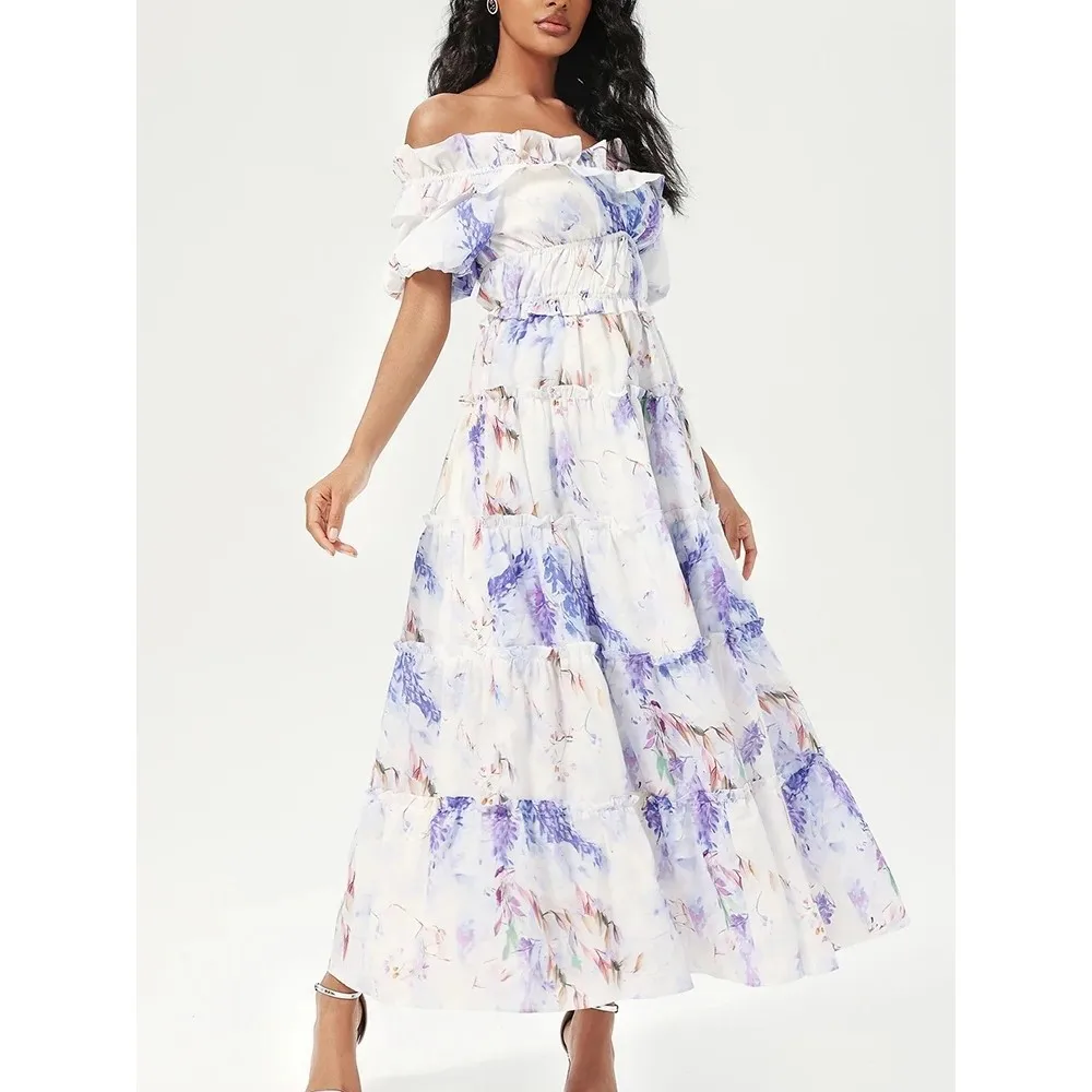 ONEINALL Floral Printing Dresses For Women Slash Neck Off Shoulder Puff Sleeve High Waist Spliced Ruffles Elegant Dress Female