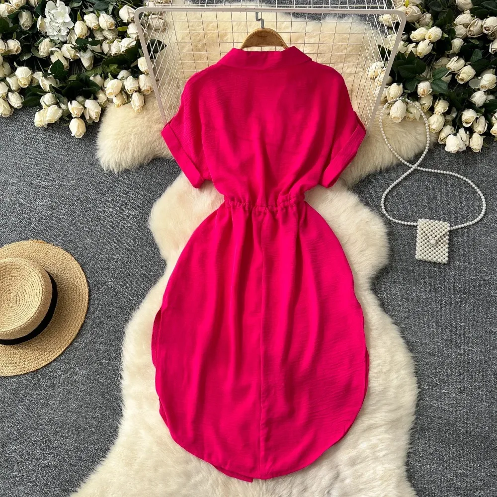 Vintage Turn-down Collar Elegant Draw String Bandage Basics Short Sleeve Slim Single Breasted Dress French High Street Clothing