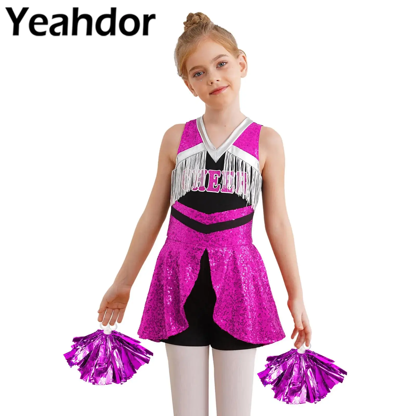 

Детский костюм лидера поддержки для девочек, танцевальная форма, боди для черлидинга, без рукавов, с блестками, кисточками, шорты для мальчиков, комбинезон