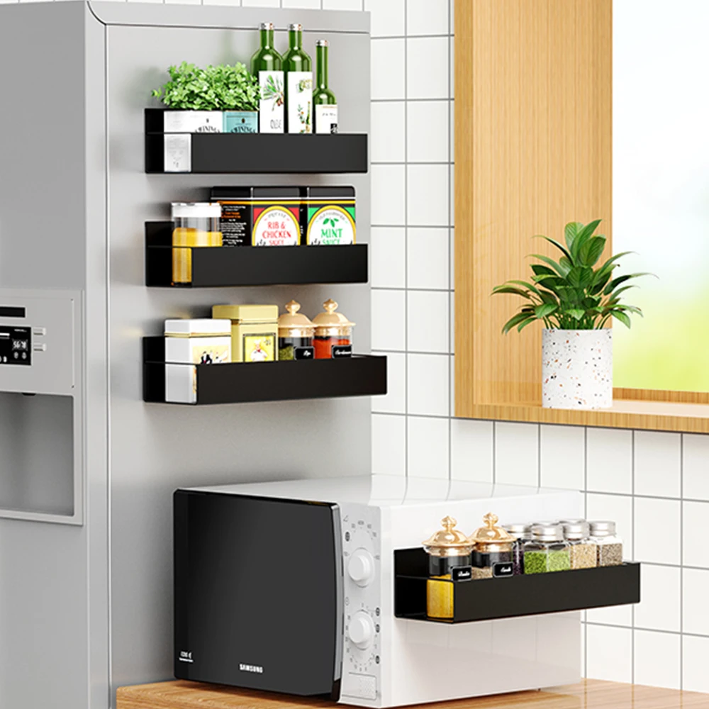 

Magnetic Fridge Iron Shelf Spice Black Storage Rack Space Saving for Cabinet on The Side of Refrigerator Organizer Kitchen Shelf