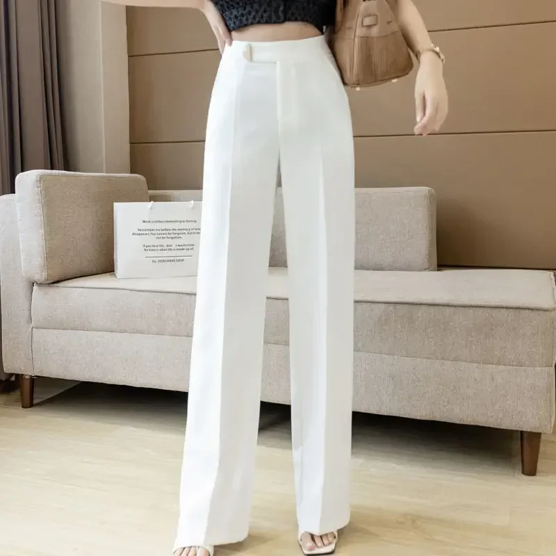 

2024 Women Summer Fashion Loose Wide Leg Pants Female High Waist Suit Trousers Ladies Solid Color Chiffon Casual Pants F34