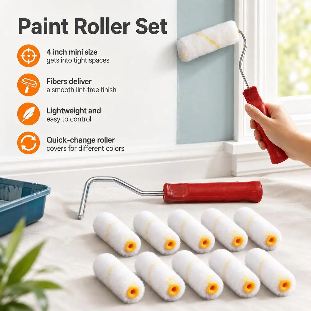 

11pcs Mini Paint Roller Kits Portable Microfiber Roller Nap with Plastic Handle for Art Painting Decorating Sponge Rollers