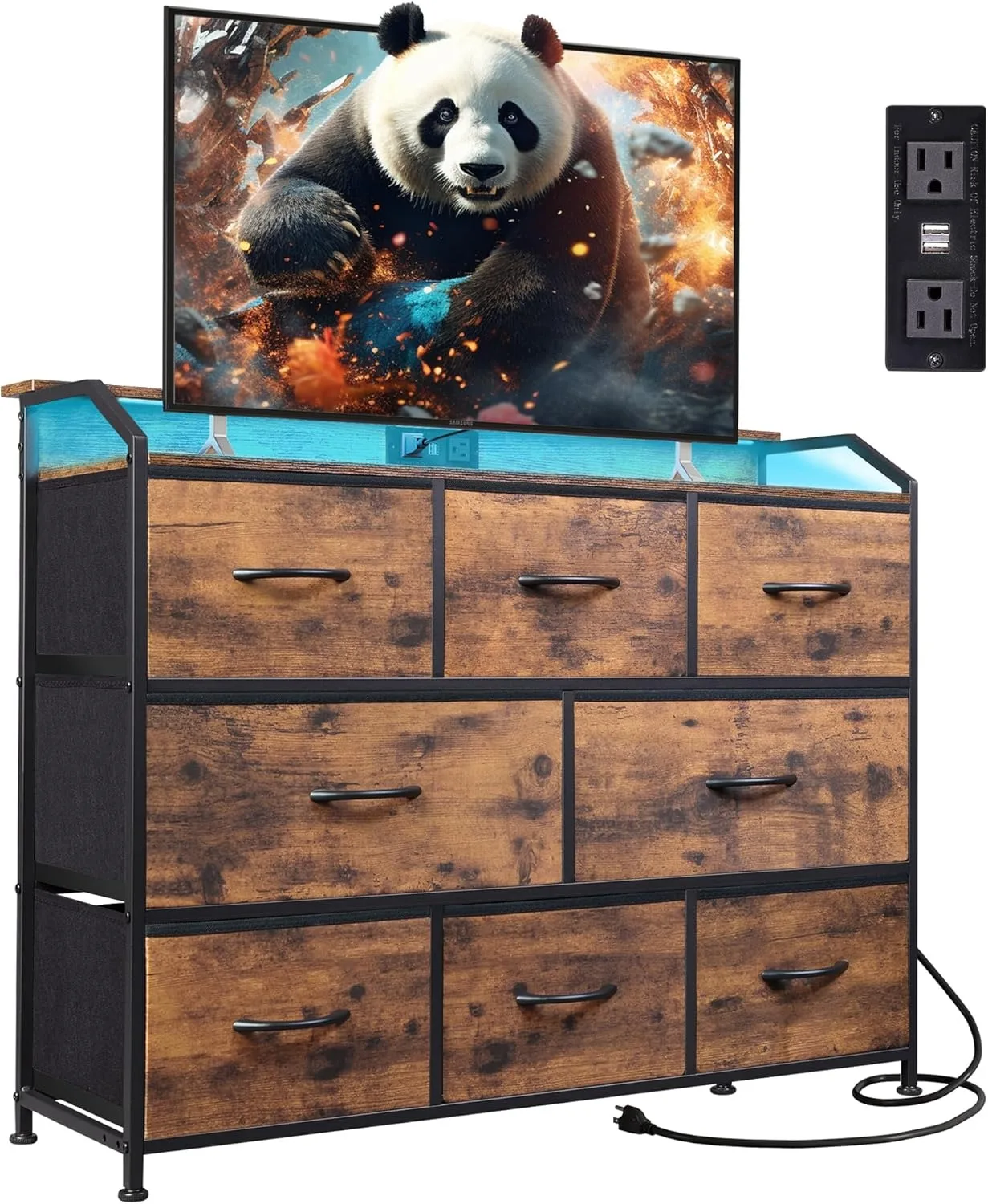 Led Dresser for Bedroom, TV Stand for Bedroom with LED Lights and Power Outlet, Wide Chest of Drawers for Hallway, 8 Fabric Draw