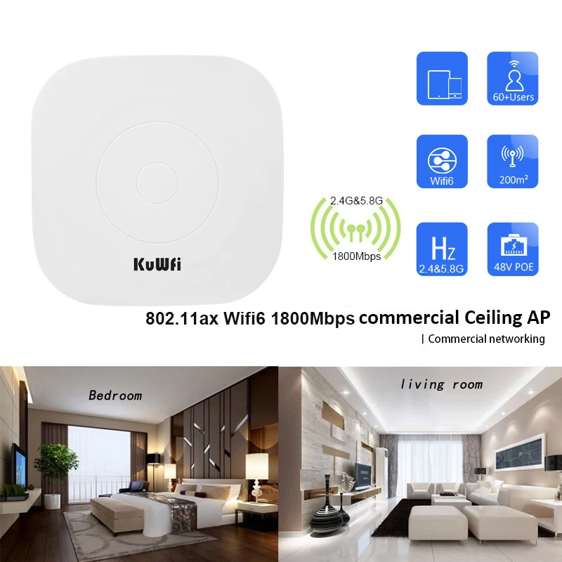 KuWFi-enrutador inalámbrico de techo, extensor de rango WiFi de 1800Mbps, AP 2,4G y 5,8G, 11AX, punto de acceso, LAN Gigabit, 48V, POE