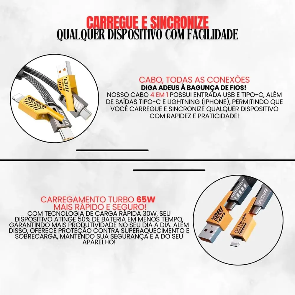 Cabo Carregador 4 em 1 65W Turbo Reforçado 1.2m نايلون Trançado Carregamento متوافق مع iPhone Android MacBook Tablet Notebook