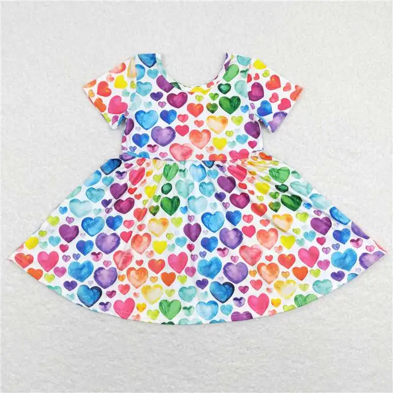 Kids Valentine\'s Day Dress Short Sleeve Heart Print Baby Girls Clothing Toddler Boutique Clothes