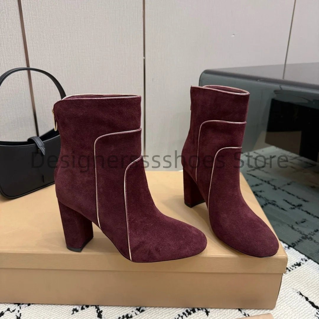 New Autumn Winter Sexy Stacked Ankle Boots High‑luster Suede Cowhide Upper Imported Sheepskin Lining 8.5cm Heel Italian Genuine