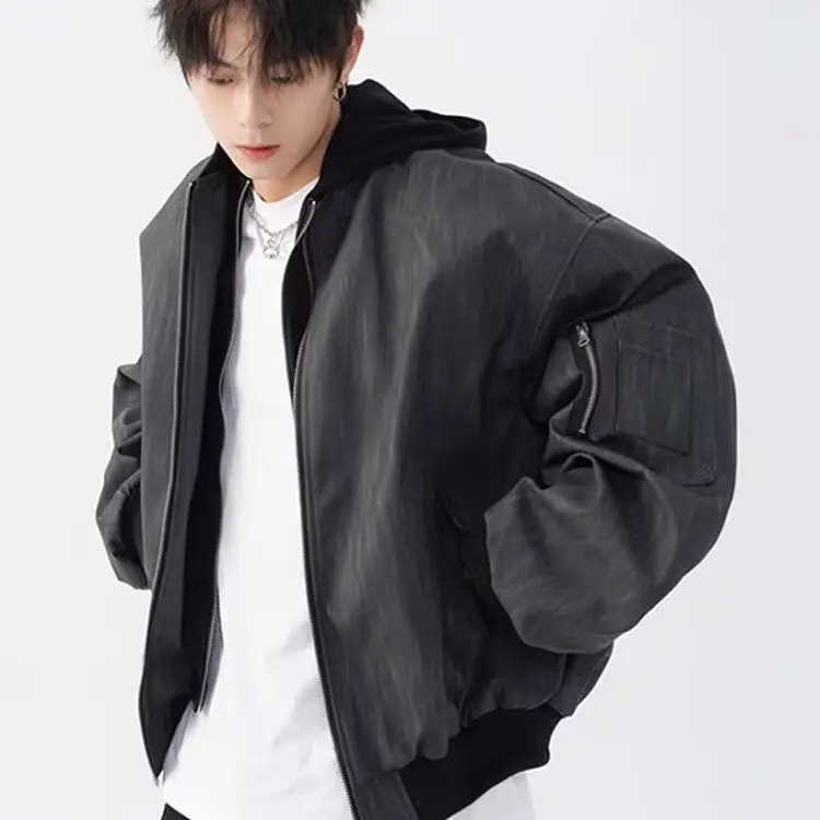 

American Sle Men's Faux Two-Piece Jaet with Hood PU Leather Texture Trendy Autumn High Street Couple's Leather Coat