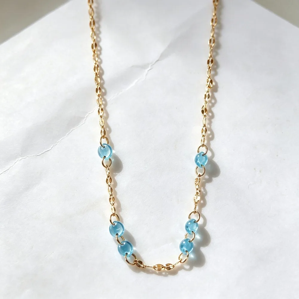 New Luxury Temperament Blue Zircon Beads Beaded Necklace Bracelet Set for Women Gold Tone Stainless Steel Colorfast Jewelry Sets