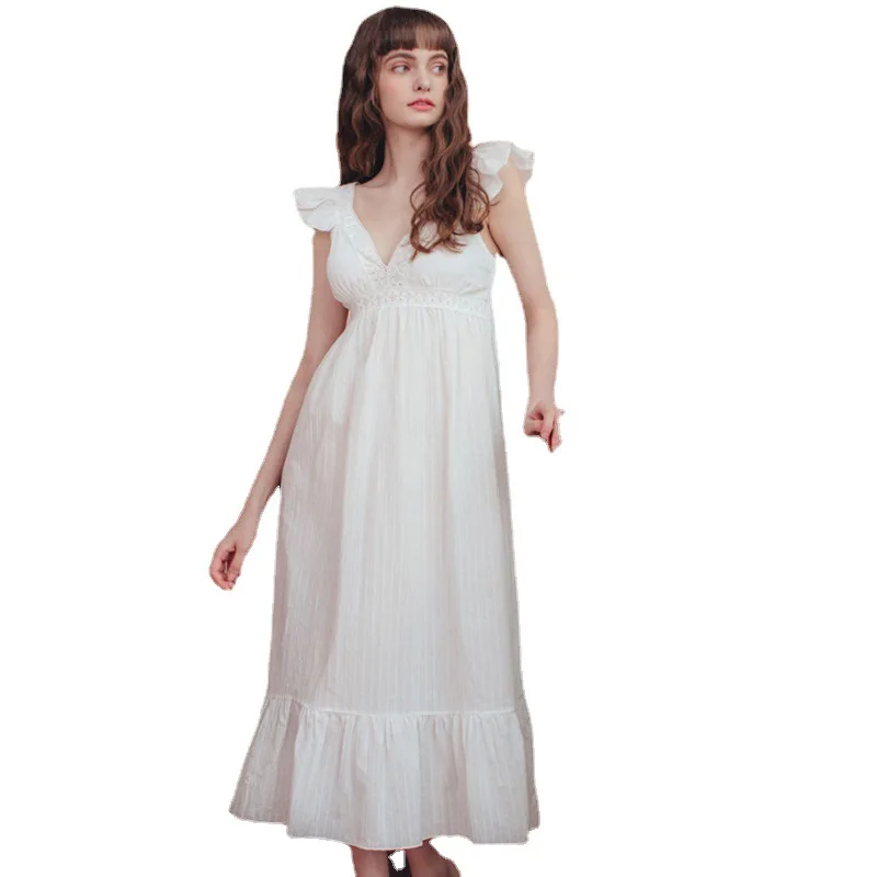 Palace Style Nightgown Sleepwear White Elegant Ruffle Princess Sleepwear Long Nightdress Summer Sexy Deep V-Neck Home Dress