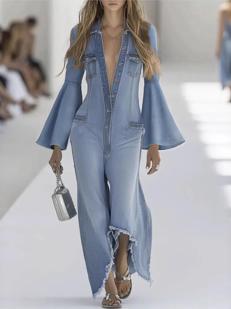 2026 Autumn Winter Loose Solid Color Denim Style Jumpsuits Women Single-Breasted Casual Flare Sleeve Turn-Down Collar Playsuits