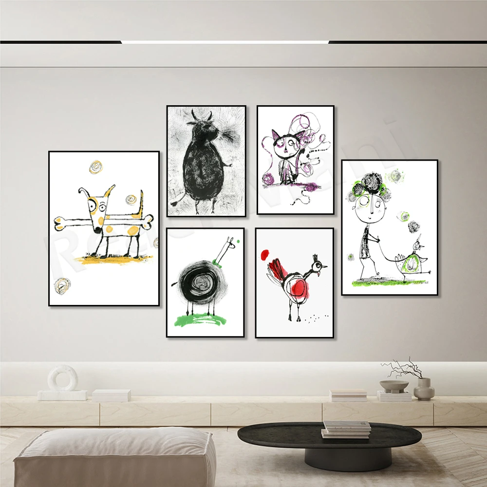 Funny cat, chicken, llama, dog on skateboard, jolly bee, big bull art, whimsical animals, eclectic girl, abstract art poster