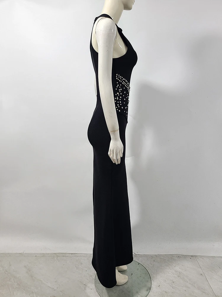 Sexy Halter Neck Diamonds Bandage Long Dress Women Black Sleeveless Crystal Beaded Bodycon Dresses Evening Party Gowns