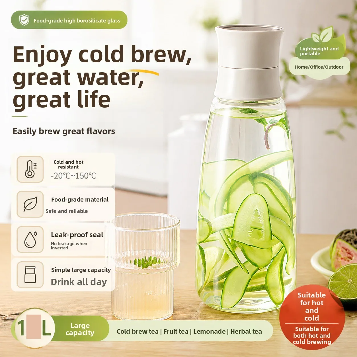 

Food Grade Glass Cold Brew Coffee Maker Portable Refrigerator Fruit Tea Making Water Bottle High Temperature Resistant