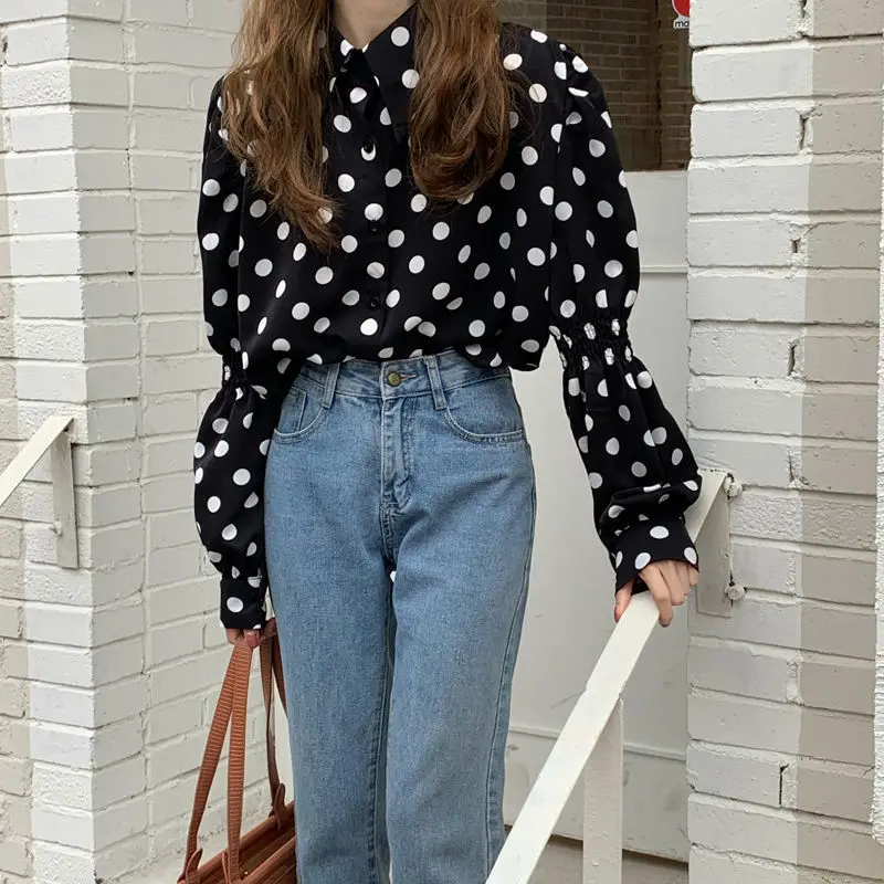 2024 Spring and Autumn New Pattern Black and White Polka Dots Turn-down Collar Long Sleeve Single Breasted Buckle Fashion Tops