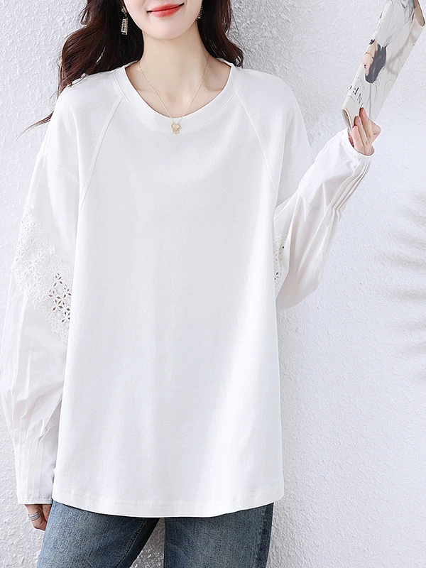 Hoodie Wanita Model Lace Splicing, Longgar, Bahan Katun Nyaman, Cocok untuk Musim Gugur, Model Kasual, Fit Longgar, Atasan Baju Kaos