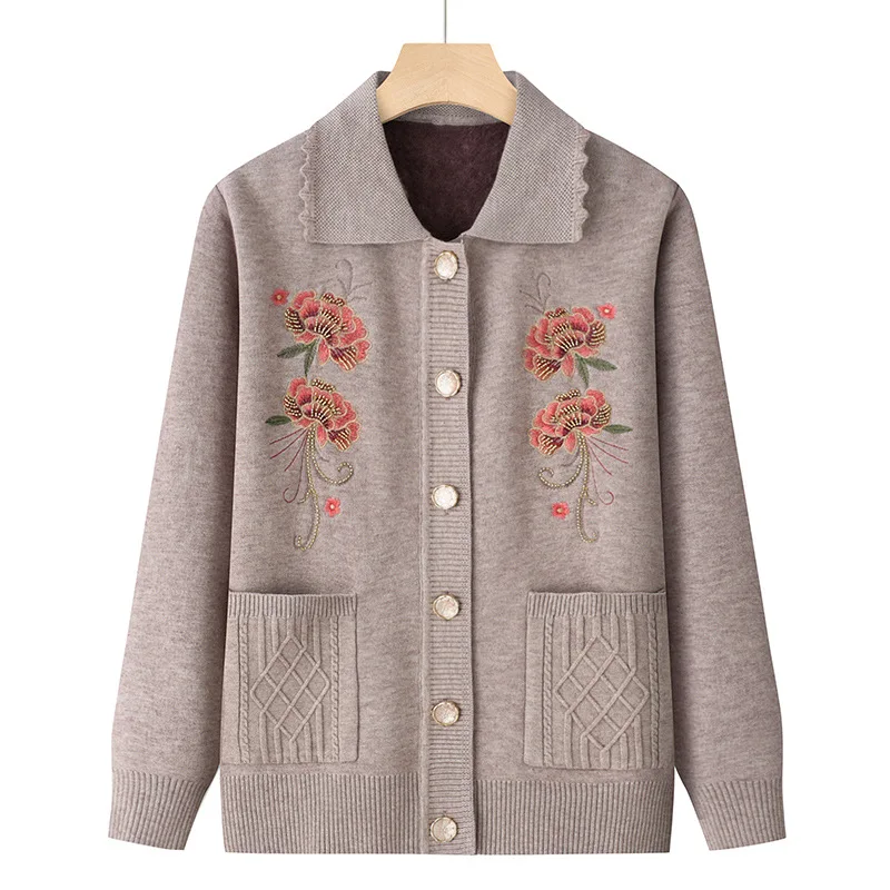 

Женский вязаный кардиган среднего возраста, пальто, осень-зима, утепленный флисовый свитер, куртка с вышивкой, повседневный топ, свитера для мам