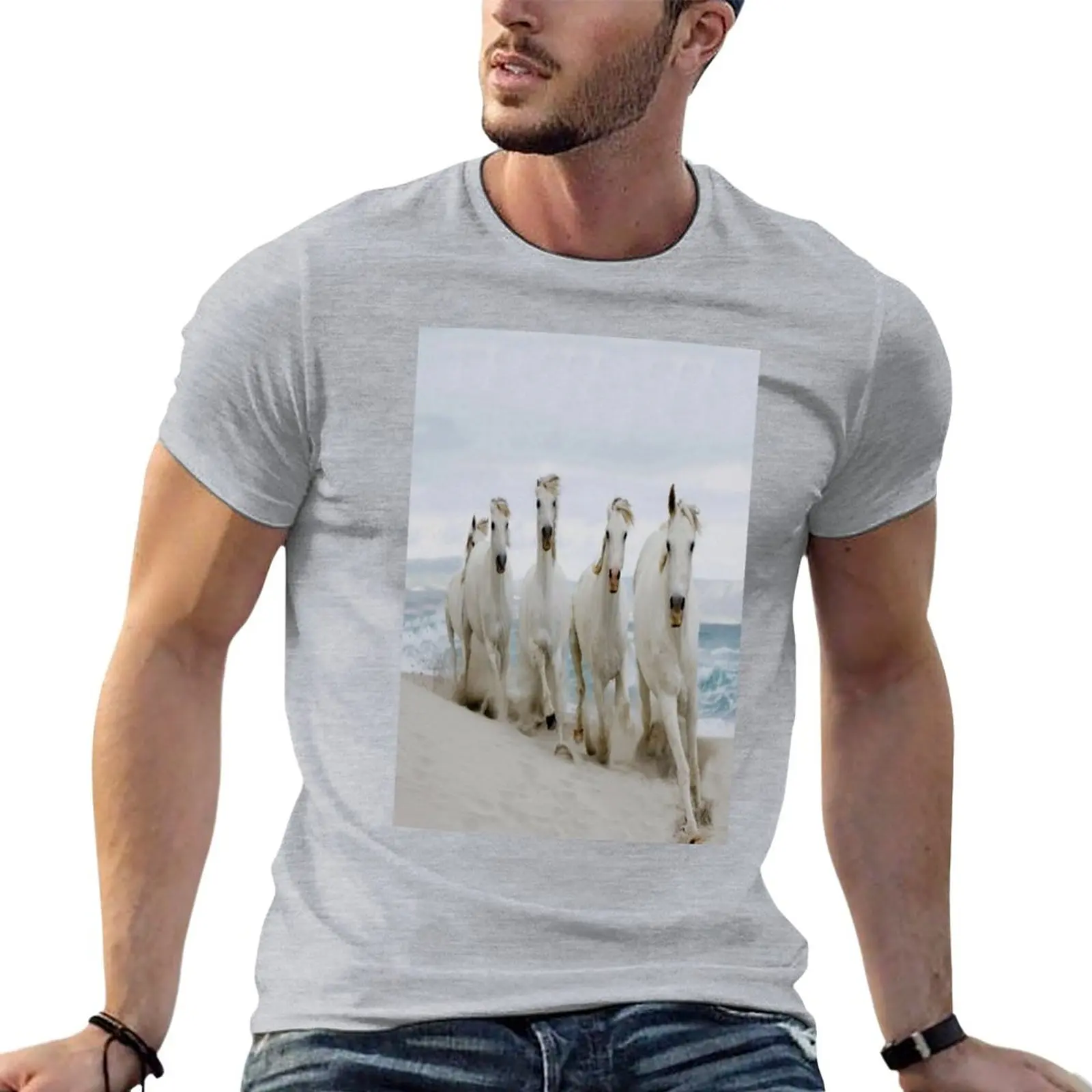 Arabian white horses running along the white sandy beach T-Shirt quick drying plus sizes funnys mens graphic t-shirts funny