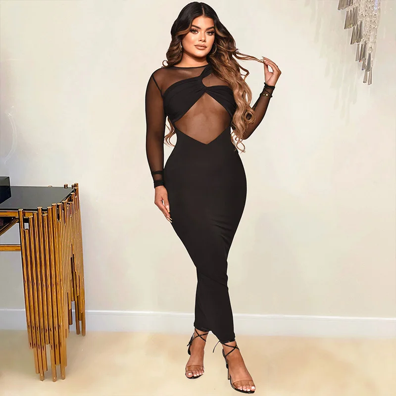 Sexy malha sheer clube vestidos para mulheres festa de aniversário roupas elegante manga longa retalhos meia-noite bodycon maxi vestido