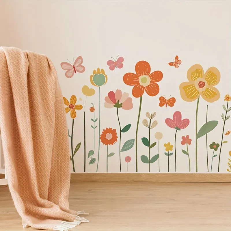 

2PCS Creative Painted Plants Flowers Butterfly Bedroom Porch Background Wall Beautifying Wall Stickers Self-adhesive