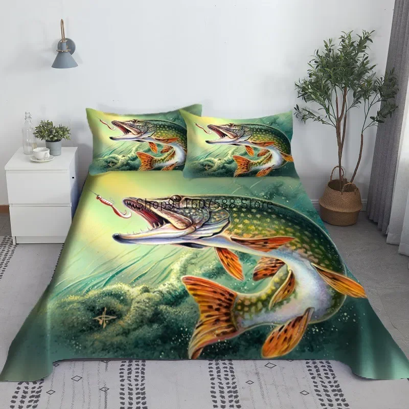 Juego de Sábanas con Estampado de Peces Vívidos, Sábana Plana de Poliéster Impresa en 3D, Color Verde, con Funda de Almohada, Ropa de Cama para Niños y Adultos, Tamaño King y Queen