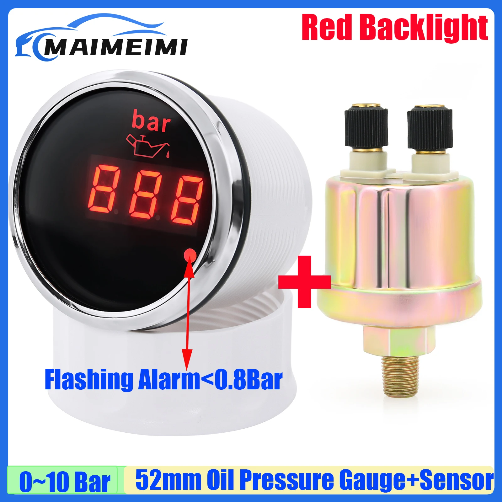 Universal Digital 52mm Oil Pressure Gauge with Alarm Sensor 1/8NPT Red Light 0-10Bar Oil Press Meter for Car Boat Yacht DC12V24V