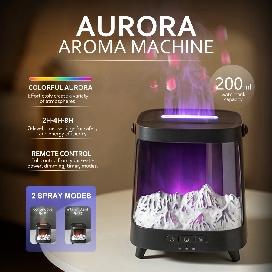 Aurora Aroma Humidifier, 7 Color Light, Dual Mist Modes (Continuous/Intermittent), 2-8H Timer, 200ml,  Essential Oil Diffuser