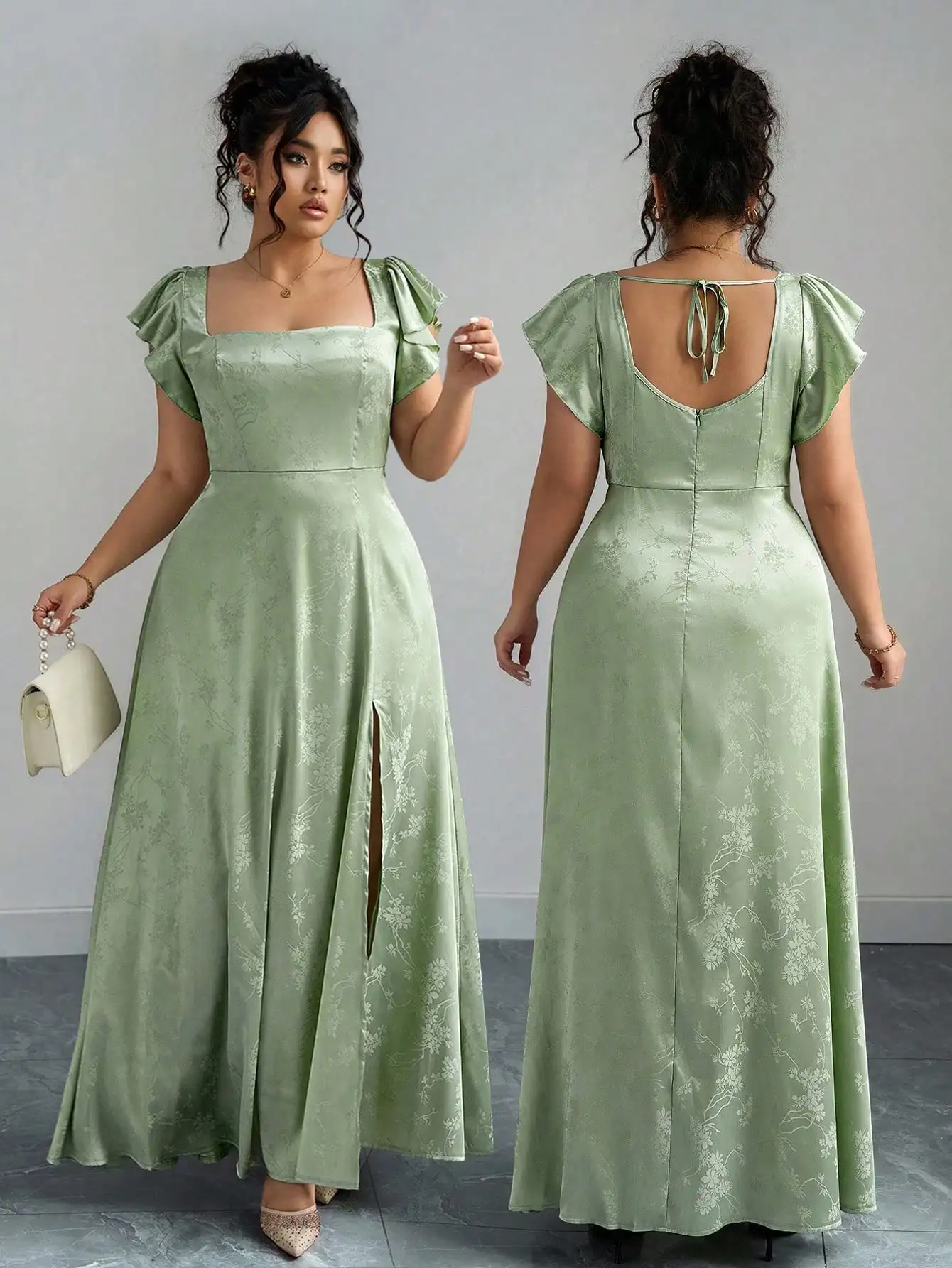 

Длинное платье больших размеров с квадратным вырезом, рукавами с рюшами и разрезом по низу, из зеленой жаккардовой ткани