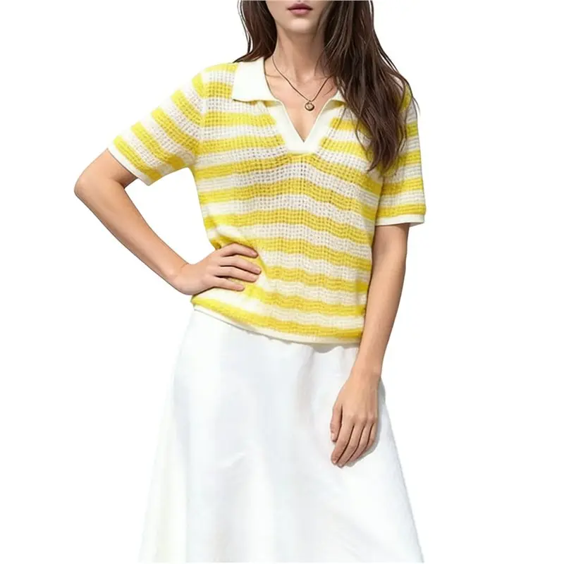 

Женские вязаные крючком топы CYL: летний полосатый пуловер с коротким рукавом, вязаная рубашка с воротником, накидка-топ