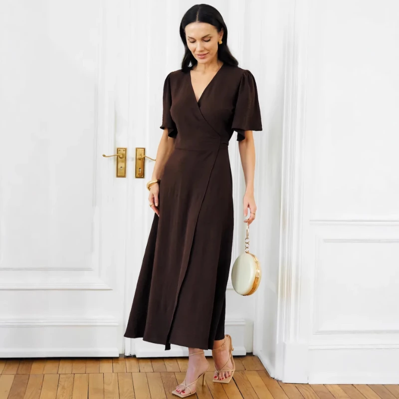 

2026 Summer Hot Selling V-neck Lace up Slim Fit Ruffle Sleeves Solid Color Long Dress for Women