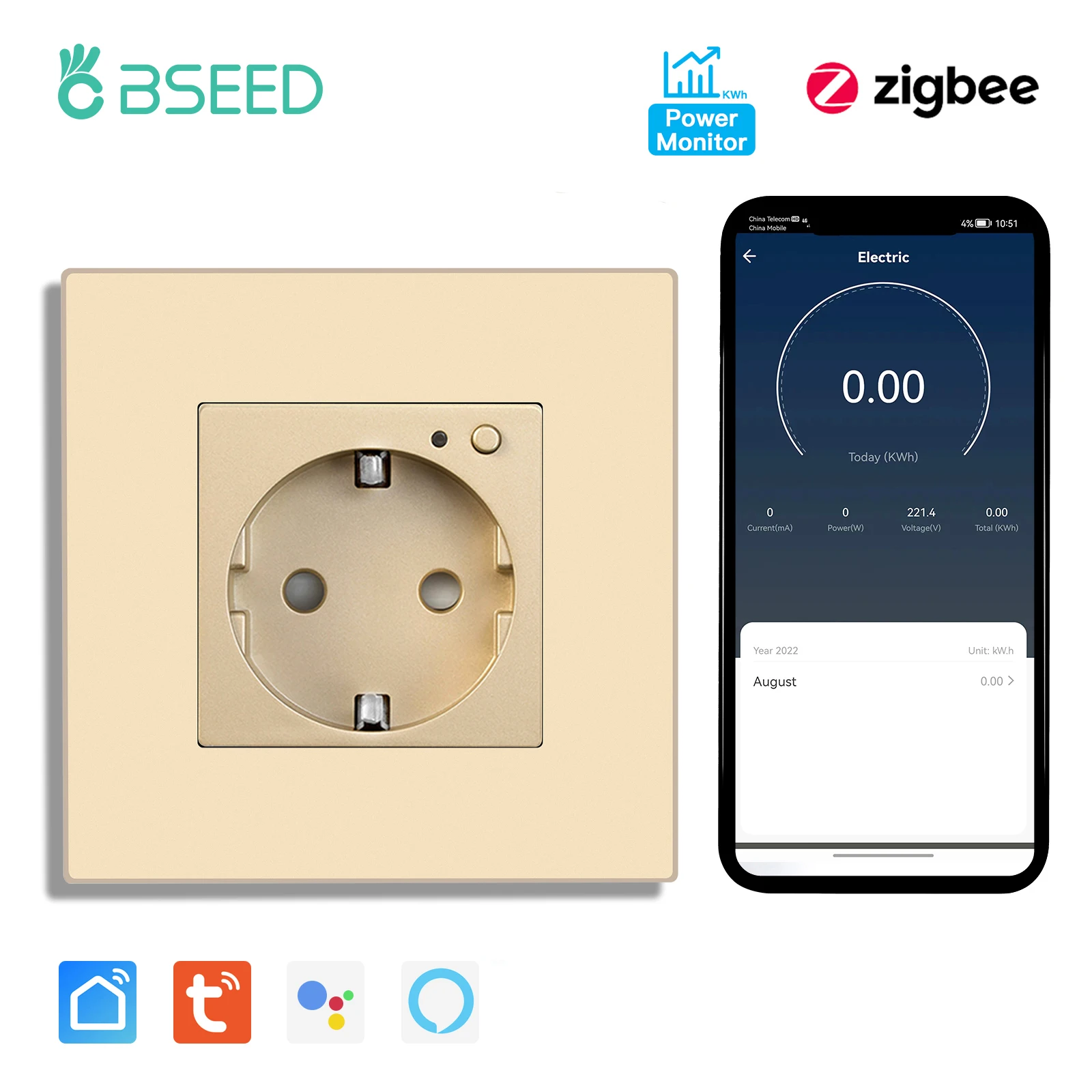 Bseed Zigbee Energy Monitor Steckdose PC Kunststoffrahmen Doppelte Smart Outlets Dreifachstecker Tuya Google Home Smart Life Control