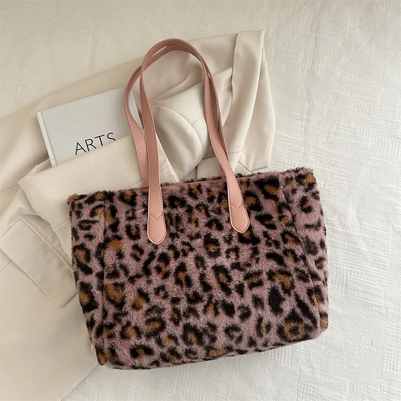 

Plush Leopard Print Women's Shoulder Bag Winter Ladies Faux Fur Shopping Bags Soft Furry Female Large Capacity Tote Handbags