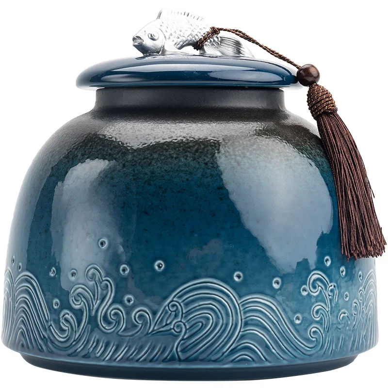 Creative Ocean Wave Silver Fish Ceramic Storage Jar Retro Sealed Tea Tank Exquisite Crafts China Jars Home Decoration Ornaments