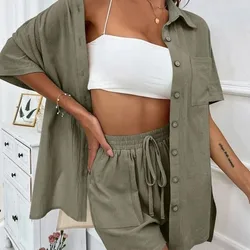 Women's elastic waist shorts set summer simple solid color women's shirt set cotton and linen shirt loose casual 2-piece set