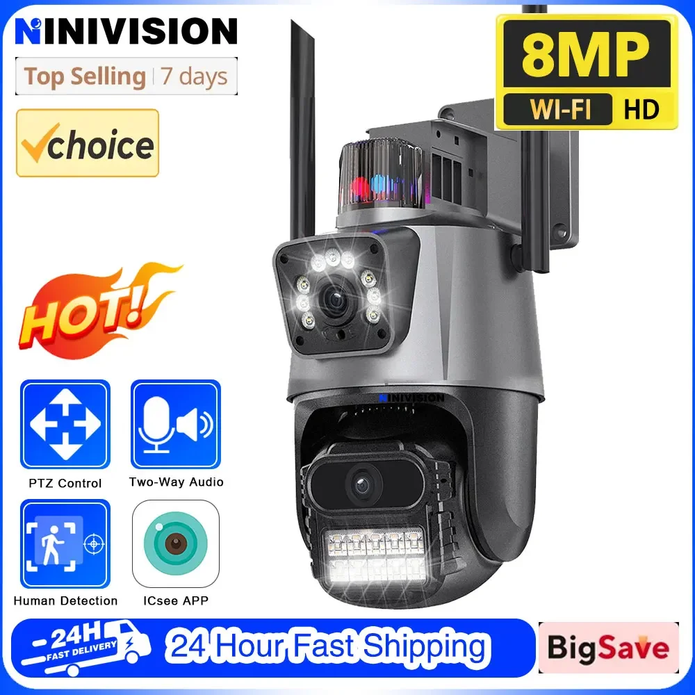 IP Camera 8MP 4K WiFi Dual Lens Dual Screen Security CCTV Video Surveillance Camera Police Light Alarm Outdoor PTZ Camera ICSEE