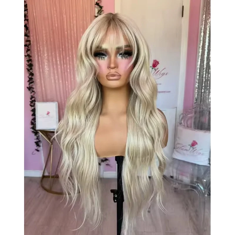 Ombre Light Blonde Wavy Wigs With Bangs 100% Human Hair Lace Front Wigs